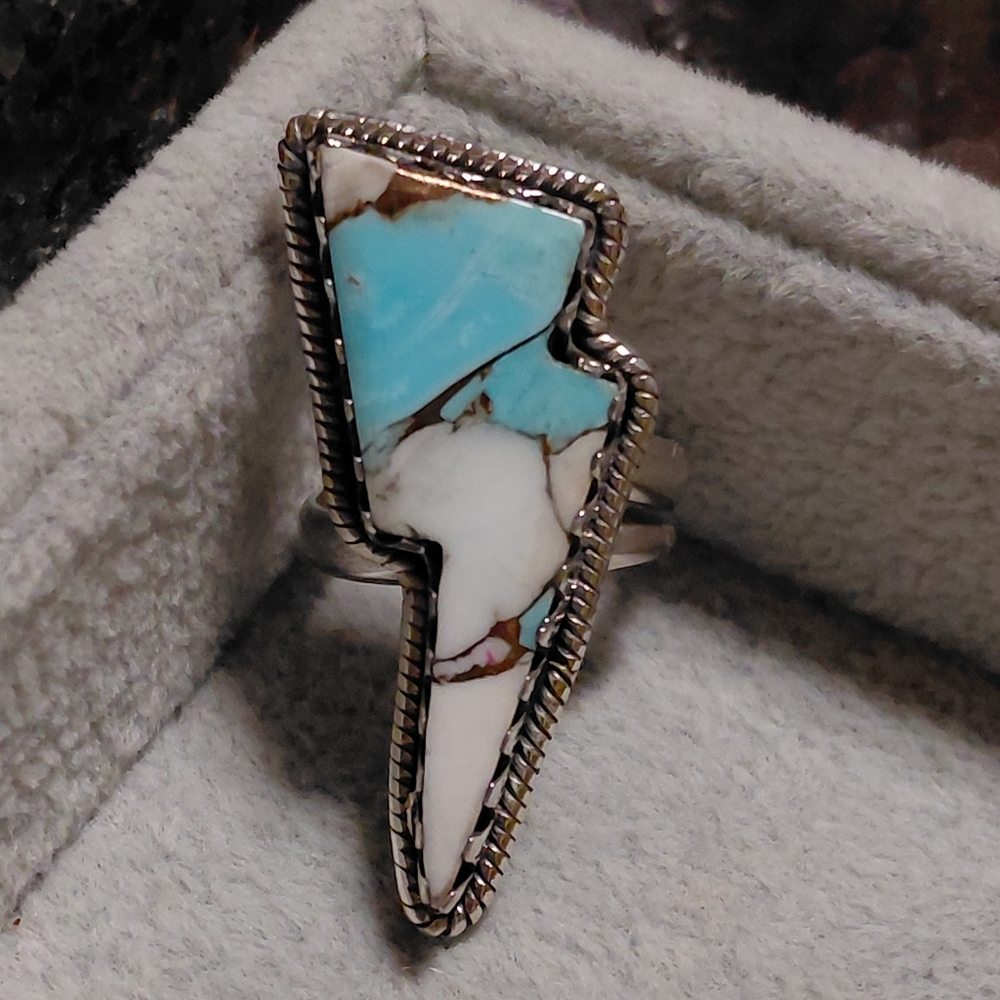 Cotton Candy Turquoise Lightning Bolt Sterling Silver Adjustable Ring - Picture 6 of 9